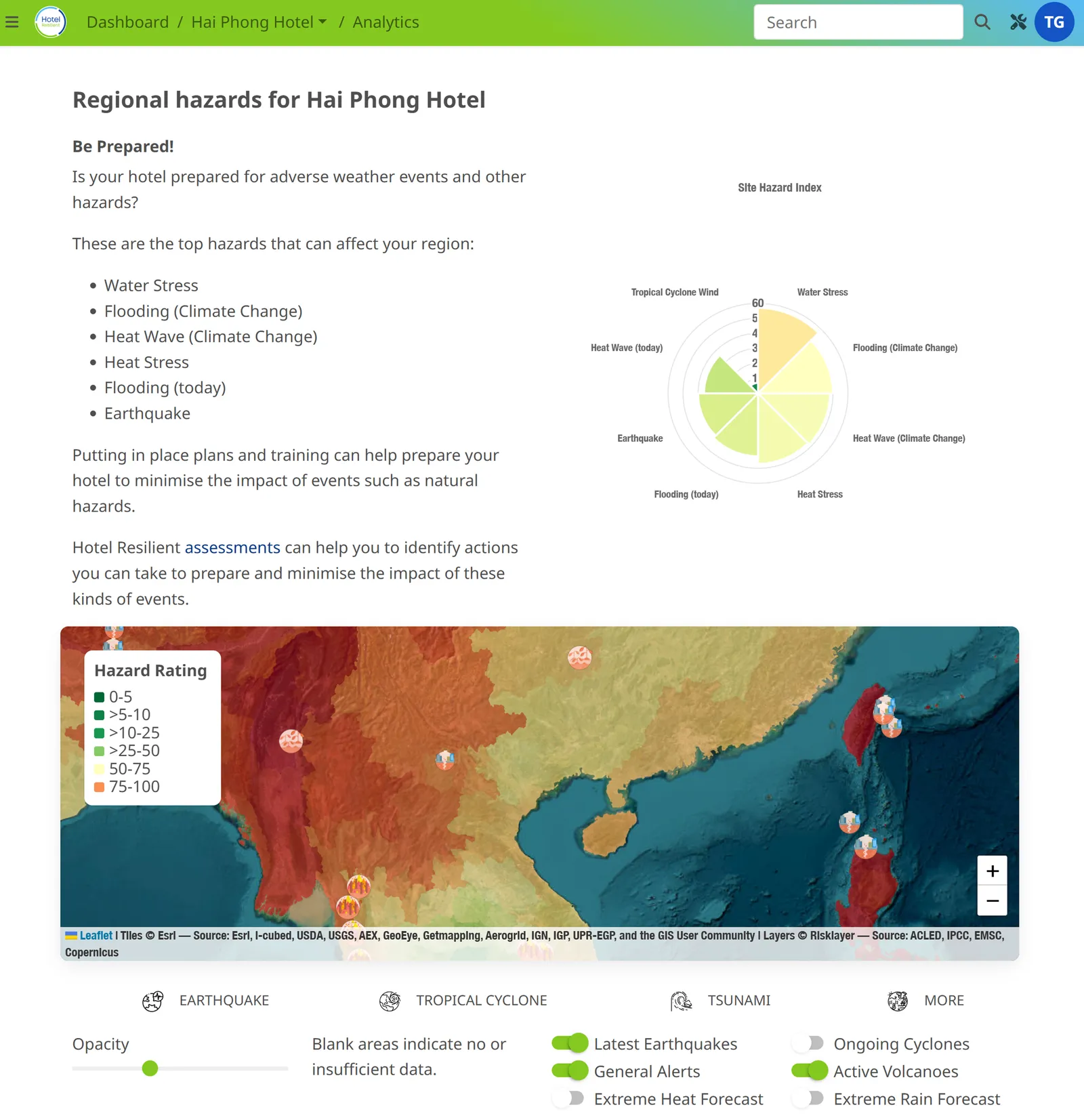 Natural hazards risk visualization for destinations